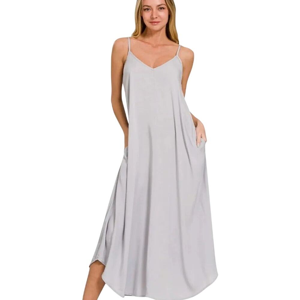 NWOT Zenana Gray Flowy Tank Maxi Dress with Pockets XL